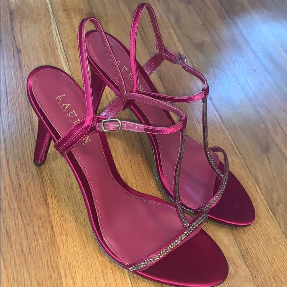 Ralph Lauren Abita Heels Red Satin/ Gold Crystals